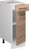 A white kitchen cabinet with a wooden door and drawer front, shown with the drawer and door open. Náhled obrázku produktu