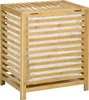 A wooden laundry basket with a white liner.
