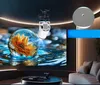 A projector displaying an image of a flower in a water droplet, mounted on a ceiling in a modern living room with a sofa and coffee table. Náhled obrázku produktu