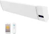 A white infrared heater mounted on a wall, with a smartphone and remote control shown below. Produktbild-Vorschau