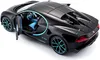 A black Bugatti Chiron model car with blue accents is shown from a high-angle, rear-side view with the driver's side door open. Voir les images du produit