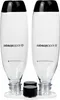 Two clear plastic SodaStream bottles with black caps are standing upright on a white base. The bottles have the SodaStream logo printed on them. Produktbild-Vorschau