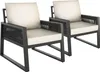 Two outdoor chairs with beige cushions and black frames. Voir les images du produit