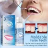A collage of images showing a product for temporary repair of teeth, including a close-up of teeth being worked on by a dentist, the product packaging and bottle, and before-and-after images of teeth. Podgląd zdjęcia produktu