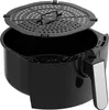 A black air fryer basket and its perforated lid are shown against a white background. Produktbild-Vorschau