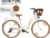 A product image of a cream-colored bicycle with brown accents, presented with color swatches and text. Produktbild-Vorschau
