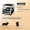Diagram showing a dog crate with dimensions and instructions on how to measure a dog for size. Produktbild-Vorschau