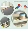 A collage of images showcasing a children's art table with a chalkboard, storage shelves, and a stool, with illustrative graphics of children drawing. Náhľad obrázku produktu
