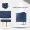 A collage of images showcasing a navy blue dresser with a fish scale pattern, highlighting its drawers, texture, and legs. Produktbild-Vorschau