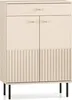 A front view of a cream-colored cabinet with fluted doors and a single drawer on top. The cabinet stands on four black metal legs. Podgląd zdjęcia produktu