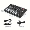 A black audio mixer with various buttons, sliders, and knobs, along with included cables, is displayed against a white background. Dimensions are indicated with measurement lines and text. Produktbild-Vorschau