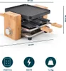 A raclette grill with bamboo accents, shown with dimensions and icons indicating features. Produktbild-Vorschau