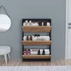 A shoe cabinet with shoes on display in a room with a mirror and stool. Náhľad obrázku produktu