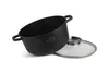 A black pot with a speckled finish and a glass lid with a silver rim, set against a white background. Produktbild-Vorschau