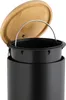 Close-up view of the top of a black trash can with an open bamboo lid. Náhled obrázku produktu