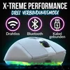 A white gaming mouse with RGB lighting is shown, with three connection mode icons and text overlays. Produktbild-Vorschau