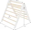 A white wooden climbing triangle with dimensions indicated by measurement lines and text. Produktbild-Vorschau