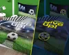 A split image showing a soccer-themed duvet cover set, with one side in daylight and the other in the dark, highlighting its glow-in-the-dark feature. Produktbild-Vorschau