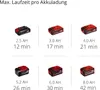 A grid of battery packs with their corresponding run times. Produktbild-Vorschau