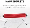 A red vacuum cleaner brush is shown on a tiled floor with some debris, with arrows pointing to the floor. Produktbild-Vorschau