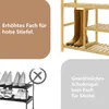 Collage image showing a bamboo shoe rack with boots on one shelf and a comparison with a standard shoe rack. Produktbild-Vorschau