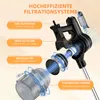 Diagram illustrating the filtration system of a vacuum cleaner, with text labels and arrows indicating the process. Voir les images du produit