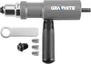 A tool set for riveting, including a riveting gun adapter, a wrench, and several small parts. Produktbild-Vorschau