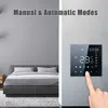 A split image showing a bedroom on the left and a smart thermostat on a wall on the right, with a finger touching the screen. Produktbild-Vorschau