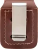 A close-up, straight-on view of a brown leather lighter pouch with a silver metal clip. Produktbild-Vorschau