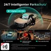 A marketing image showing a car dashcam's features, including parking protection, pedestrian detection, collision detection, and time-lapse recording. Produktbild-Vorschau