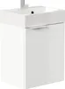 A white bathroom vanity with a sink and faucet. Produktbild-Vorschau