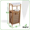 A bamboo laundry basket with shelves and towels, with dimensions indicated. Podgląd zdjęcia produktu