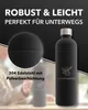 A black water bottle with a silver cap is shown, with text overlays highlighting its features and a close-up of its texture. A person is blurred in the background. Produktbild-Vorschau