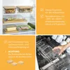 A collage of images showing glass food storage containers with bamboo lids, some inside a refrigerator and others being placed in a dishwasher, along with text highlighting product features. Produktbild-Vorschau