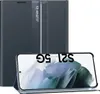 A dark blue flip case for a Samsung Galaxy S21 5G phone is shown with the phone inside, displaying the screen. Produktbild-Vorschau