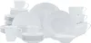 A collection of white ceramic dinnerware and drinkware is arranged on a white background. Produktbild-Vorschau
