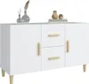 A white sideboard with wooden handles and legs, displayed on a white background. Decorative items like vases and small bird figures are placed on top. Náhled obrázku produktu