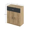 A product shot of a two-door cabinet with a drawer, showing its dimensions. Náhled obrázku produktu
