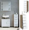 A bathroom vanity with a sink and mirror, and a tall chest of drawers, shown in a tiled bathroom and as separate product shots. Podgląd zdjęcia produktu