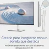 A monitor with a zen garden image on screen, shown from the front and side, with text describing its audio features. Náhled obrázku produktu