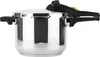 A stainless steel pressure cooker with black handles and a green accent on the lid. Náhľad obrázku produktu