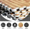 A stack of interlocking puzzle mats with a wood grain pattern, shown from a diagonal angle. Below the mats are five circular icons with text, describing product features. Náhľad obrázku produktu