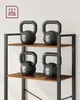 Four kettlebells are arranged on two shelves of a dark metal and wood bookshelf. Náhled obrázku produktu