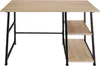 A light brown wood-grain desk with black metal legs and two shelves on the right side, against a white background. Náhled obrázku produktu