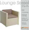 A beige polyrattan lounge chair with cushions, presented with descriptive text and a brand logo. Produktbild-Vorschau