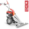 A red and silver walk-behind mower with a cutting bar is shown against a white background. There are informational icons on the right side of the image. Produktbild-Vorschau