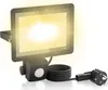 A black LED floodlight with a motion sensor and a power plug is shown against a white background. Produktbild-Vorschau