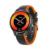 A smartwatch with a black case and orange accents on a white background.