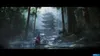 A person on horseback approaches a multi-tiered pagoda in a misty forest. Produktbild-Vorschau