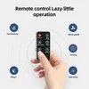 A hand holding a remote control for an air purifier/dehumidifier, with icons representing different functions surrounding it. Produktbild-Vorschau